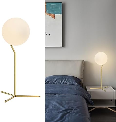BOKT Modern 1-Light Glass Globe Table Lamp Contemporary Minimalist Tall Bedside Desk Nightstand Lamp Vintage Brush Gold Metal Table Light Frosted White Glass Ball Reading Lamp