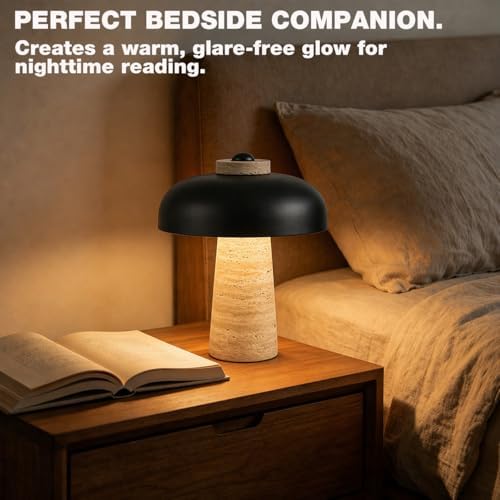 12" Natural Travertine Table Lamp with Black Metal Shade, Decorative Stone Bedside Lamp for Nightstand, Mid-Century Modern Minimalist Stone Desk Light for Small Spaces