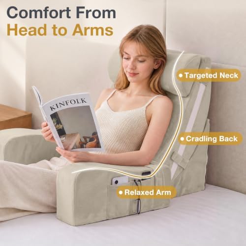 Sasttie 15-25 inch Adjustable Reading Pillow with Armrests, Beige