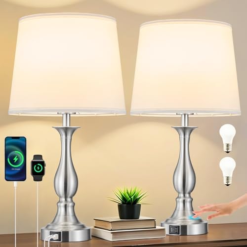 Bedside Table Lamp Touch Control Bedroom Lamps with USB A + C Charging Port 3 Way Dimmable Touch Lamps for Nightstand Living Room Bedroom Dorm Home Office Reading, Set of 2 (White Shade & Nickel Base)