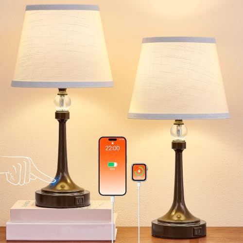 Touch Brown Table Lamp Set of 2 with USB C+A Ports-19.7''