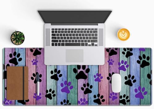 Dog Paw Desk Mat Black and Purple Large Extended Mouse Pad XL Desk Pad Gaming Mousepad Keyboard Mouse Mat for Computer Laptop 31.5''X11.8'' Non-Slip Rubber Base with Stitched Edges