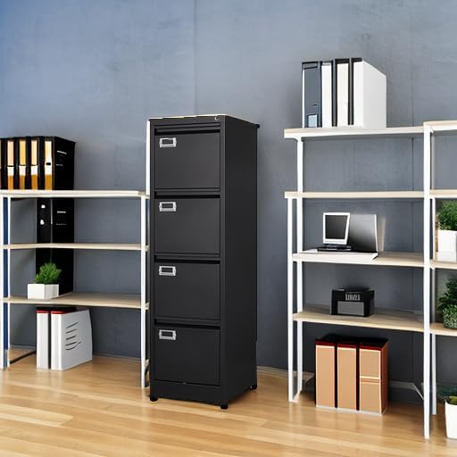BYNSOE 4 Drawer File Cabinet with Lock Metal Vertical File Cabinet Office Home Vertical File Cabinet for A4 Legal/Letter Size Narrow File Cabinet Locked,Assembly Required