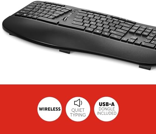 Staples TECH Wireless Ergonomic Keyboard, Full-Size, Wrist Rest, Black