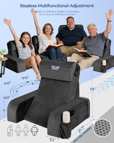 Kayfia Reading Pillow, 30-90° Stepless Adjust Angle Height, Medium, Black