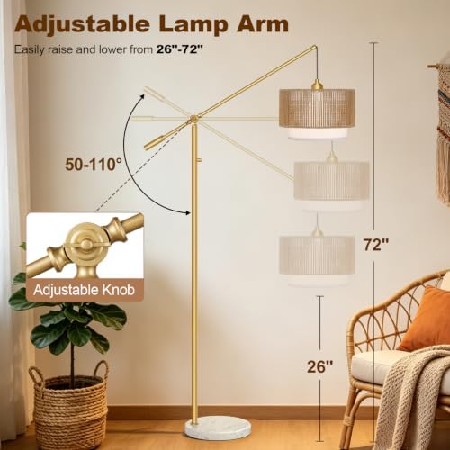【Upgraded】Boho Dimmable Floor Lamp with Adjustable Swing Arm, 1100 Lumens Bulb Included, Modern Standing Lamp with Rattan & Fabric Shades, Tall Arc Floor Lamp for Living Room Bedroom, Gold, Heavy Base