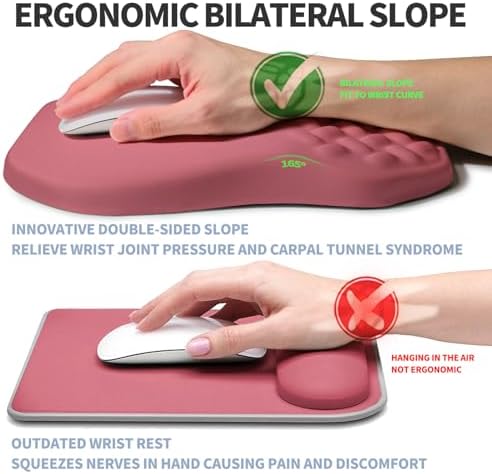 Ergonomic Raised Mouse Pad Wrist Support with Bilateral Slope Memory Foam Mousepad for Wrist Rest and Carpal Tunnel Pain Relief 11.8x7.9〃 Melon Pink
