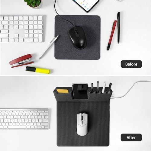 Mouse Pad with Phone Holder & Pen Holders, Wireless Charging Desk Mat, Mousepad Home Office Desk Pad with Ultra-Smooth Surface, Non-Slip Base, Waterproof Keyboard Pad, Classic Black Desk Mat