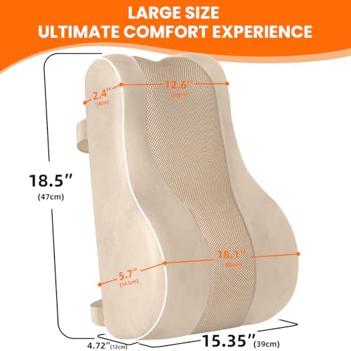 CloudBliss XL Lumbar Support Pillow, Memory Foam for Office Chair, Khaki