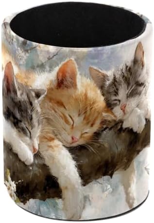 Leather Pen Holder for Desk, Sleeping Cat Pencil Cup Pen Organizer Makeup Brush Holder for Office Home Kids Countertop Desk Accessory Storage