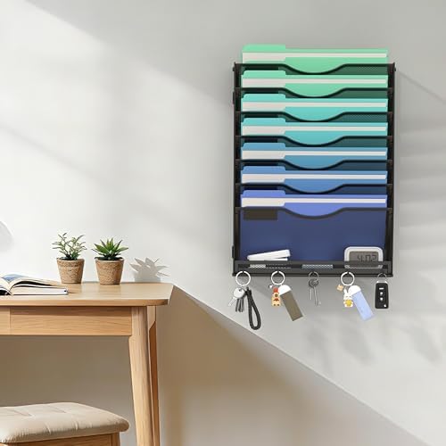 Gawerk Hanging Wall File Organizer with 5 Hooks - Wall Mounted Mail Paper Document Folder Holder, Sturdy Mesh Magazine Rack for Office Home (7+1 Tier)