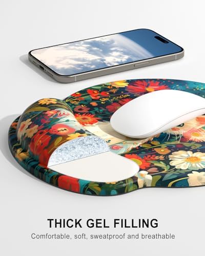 Auhoahsil Ergonomic Mouse Pad with Wrist Rest, Comfortable Silicone Non-Slip Computer Pain Relief Gel Mouse Mat with Wrist Support for Gaming, Work, Office, Women & Men, Cute Pattern, Cat Flowers