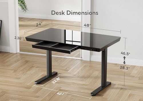 Claiks Glass Standing Desk with Drawers & USB Ports 48x24 Inch, Black