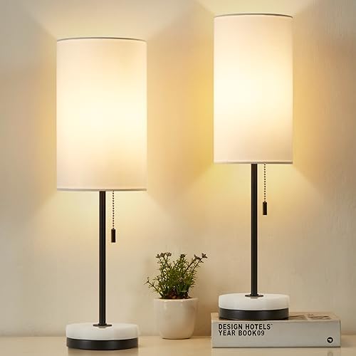 Luvkczc 18" Minimalist Table Lamp Set of 2, Nightstand Lamp for Bedroom Living Room, Modern Pull Chain Bedside Lamp with Marble Base, Fabric Shade, Small Desk Lamp for Home, Office, Reading