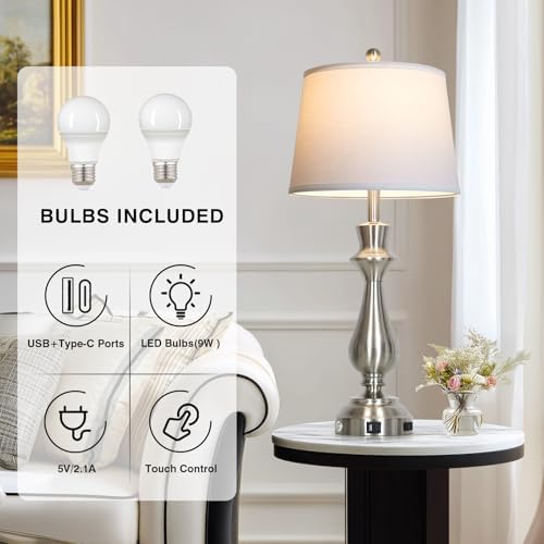 Modern Silver Table Lamps Set of 2 for Living Room,30" Tall Bedside Lamp with USB Charging Port,3-Way Dimmable Touch Nightstand Lamp for Bedroom Desk Side Table Office,Silver