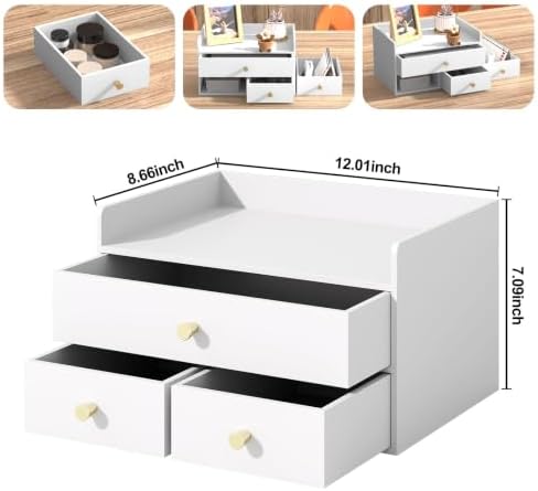 Bamboo Desk Organizer with Drawers,Wooden Desktop Storage(3 Drawers,White)