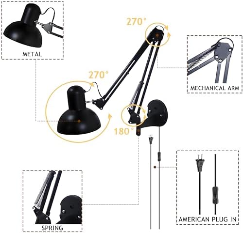 Black Industrial Swing Arm Wall Light Nordic Adjustable Long Arm Wall Sconces Lamp Metal Double-arms Folding Architect Work Wall Mount Lighting for Bedroom Reading Living Room