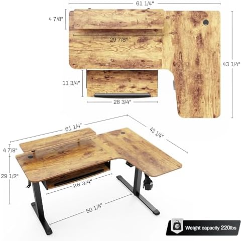 EUREKA ERGONOMIC Standing Desk with Keyboard Tray, Computer Desk, 61" L Shaped Electric Adjustable Height Desk w Monitor Stand LED, Corner Sit Stand Desk Gaming Desk, Dual Motor,Right/Rustic Brown