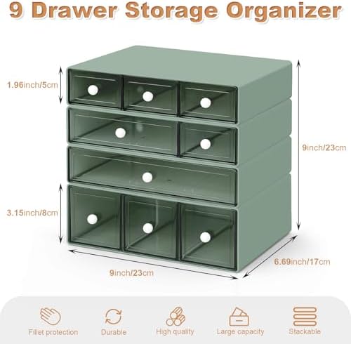 Desk Organizer with 9 Drawers, 4 Tier Plastic Stackable Storage Drawers for Desk Storage, Office Stationary Makeup Organizer Suit for Home, Office and School