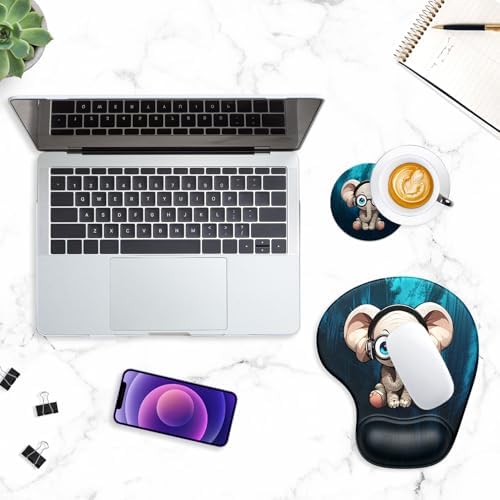 ITNRSIIET Ergonomic Mouse Pad Coaster Set with Gel Wrist Support Wrist Rest Smooth Surface Non-Slip PU Base Comfortable Office Supplies Pain Relief, 9.5 x 8.3 inches, Pretty Elephant