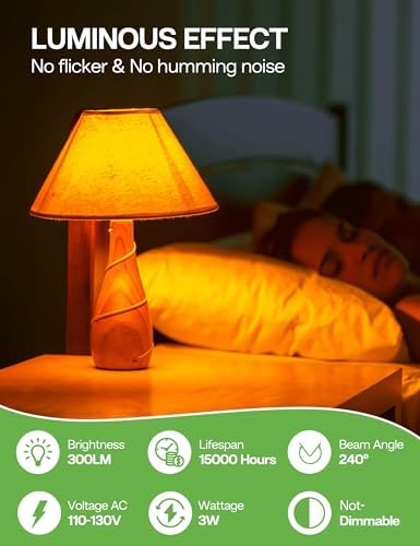 Amber Sleep Light Bulbs 4 Pack: 3W 1800K, 40W Equivalent, E26