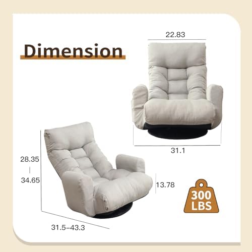 Swivel Lazy Floor Chair, Adjustable Reclining Floor Lounger with Head & Back Support, Comfy Tatami Sofa Seat for Adults Bedroom & Gaming