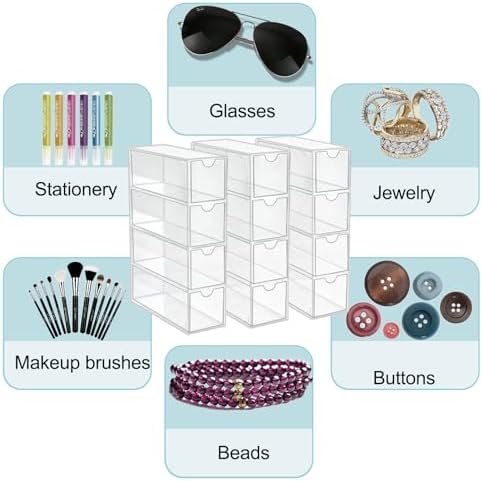 ZEXALOR Clear Desk Organizer Storage with 12 Drawers, Desktop Organizers, Bathroom Office Supplies, Plastic Storage Drawer for Makeup, Jewelry, Pen, Stationary, Hair Accessories, Sunglass (12-Drawer)