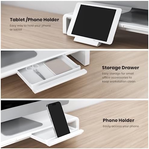 Monitor Stand Riser, Klearlook Foldable Computer Monitor Riser, Height Adjustable Computer Stand, Desk Shelf Riser with Storage Drawer & Tablet Phone Stand for Computer, Desktop, Laptop (White 2 Pack)