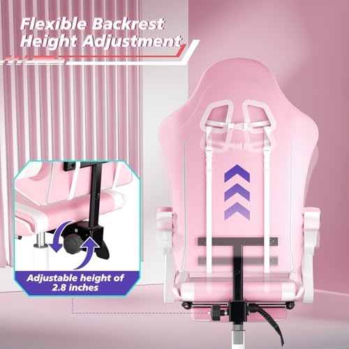 Magshion Gaming Chair for Adults, Ergonomic Computer Chair with Linkage Armrests, Height Adjustable Gamer Chair with Footrest and Headrest for Home Office, 350 Lbs Capacity, Pink/White