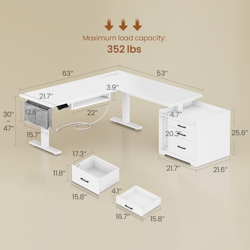 SEDETA L Shaped Standing Desk with File Cabinet, 3 Drawers, Power Outlet