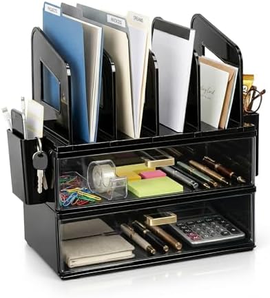 CiWiVOKi Desk Organizer with 4 File Slots and 2 Drawers, Black