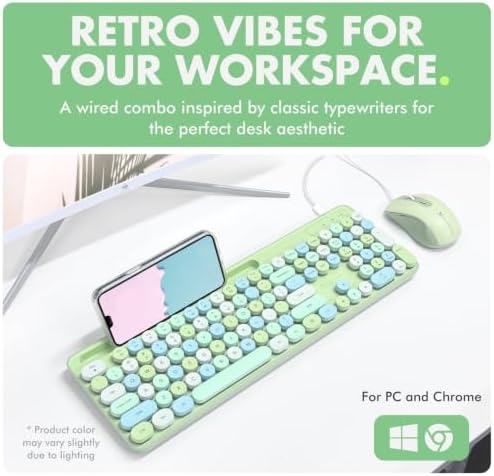X9 Wired Keyboard and Mouse Combo - Retro Typewriter Keyboard with Round Keycaps, Soft White Backlight, Phone Dock, 109 Full-Size Keys, Cute Wired Green Keyboard and Mouse for Laptop, PC & Chromebook