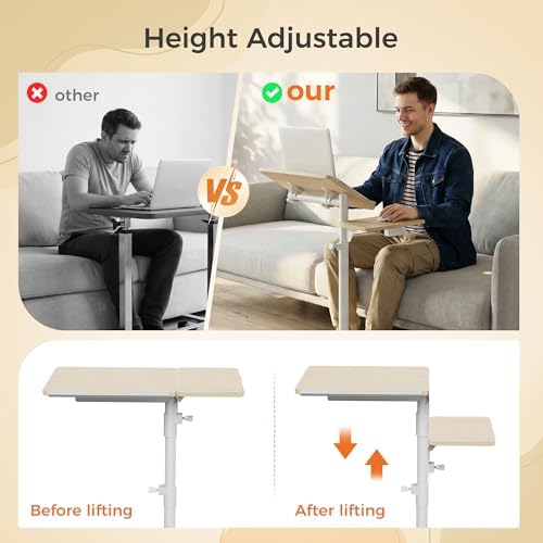 Aothia Small Standing Desk Rolling Table Adjustable Height, Laptop Mobile Stand with Wheels, Overbed Table, Portable Computer Workstation with Tiltable Desktop for Teacher Classroom Home Office, Oak