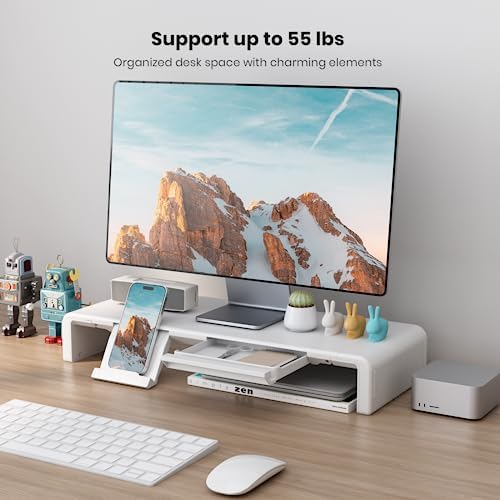 Monitor Stand Riser, Klearlook Foldable Computer Monitor Riser, Height Adjustable Computer Stand, Desk Shelf Riser with Storage Drawer & Tablet Phone Stand for Computer, Desktop, Laptop (White 2 Pack)