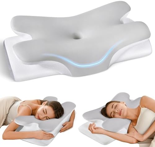 Besyodo Cervical Neck Pillow for Pain Relief - Ergonomic Pillow for Neck Support, Contour Memory Foam Pillows for Sleeping, Orthopedic Bed Pillow for Side Back Stomach Sleepers (Gray+White)