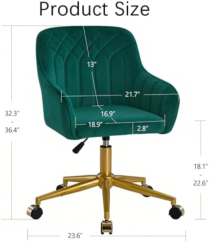 VECELO Modern Velvet Swivel Home Office Desk Chair with Back & Rolling Wheels, Adjustable Seat Height for Girls Women Bed Room Vanity Makeup/Task/Computer Work, Green