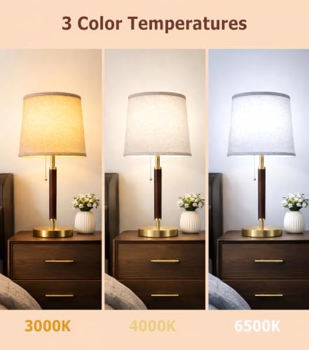 JOOFO Mid Century Wood Table Lamp with Pull Chain, Bedside Lamp
