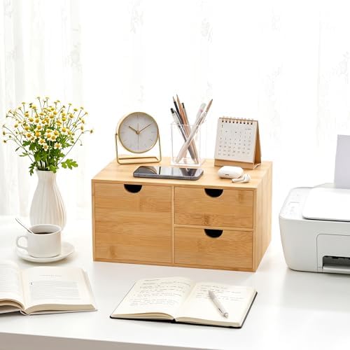 Bamboo Desk Organizer with Drawers, Desktop Storage Box for Office Supplies