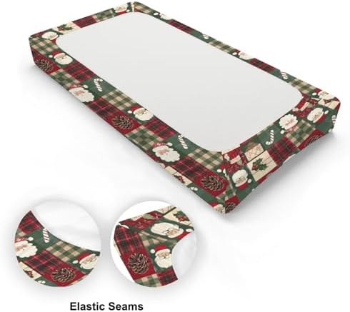 Christmas Theme Leaves Checkered Patchwork Winter Holiday Pattern Baby Changing Pad Cover, Unisex Christmas Nursery Diaper Changing Table Pad Mat Sheet for Boys Girls-16x32