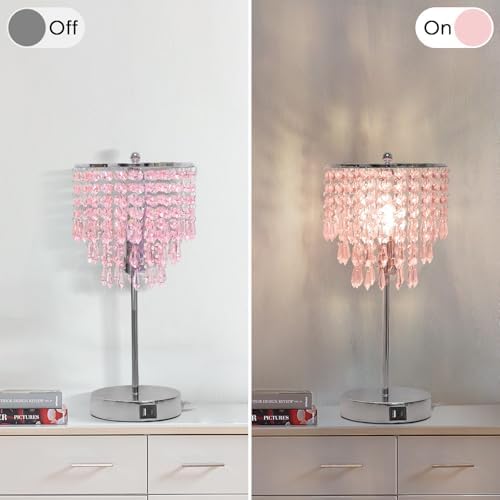 Touch Bedside Lamp with USB C+A Ports, Silver with Pink Crystal Shade