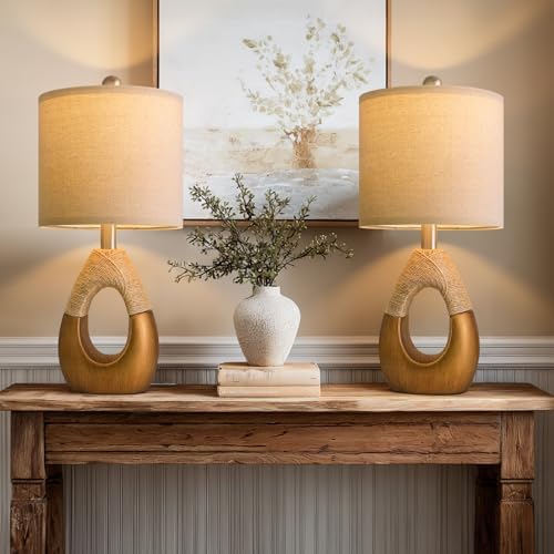 OYEARS 19" Table Lamps Set of 2, Boho Lamps for Living Room, Rustic Bedside Lamps for Bedroom, Farmhouse Rattan Table Lamp, Small Space Nightstand Lamp for Home Office (Bulb Not Included, Gold)