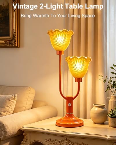 Flower Table Lamp Dimmable Vintage Orange Lamp 2 Bulbs Included
