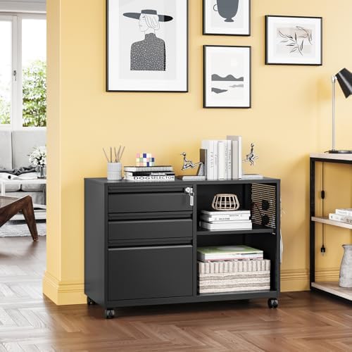 3 Drawer File Cabinet with Lock,Mobile Lateral Filing Cabinet with Side Hook for Letters/Legal/A4, Metal Printer Stand Storage Cabinets with Shelves for Home Office(Black)