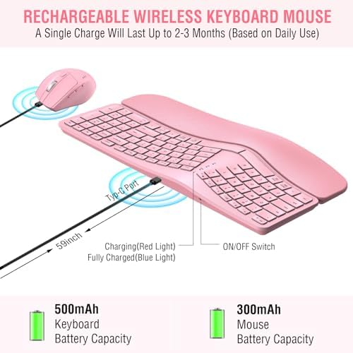 MK960 Ergonomic Wireless Keyboard Mouse Combo, Bluetooth/2.4G Split Design Keyboard with Palm Rest and 4 Level DPI Adjustable Wireless Mouse Multi-Device, Rechargeable, for Windows/Mac/Android(Pink)