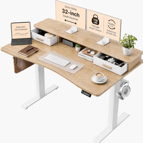 Grandder Electric Standing Desk with Two Drawers, CurvedSit to Stand Up Height Adjustable Desk with Storage Shelf for Home Office, 63 * 32 Inch, Study, Ergonomic Adjustable Computer Desk, Oak