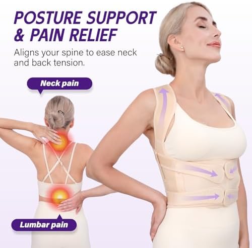 Back Brace Posture Corrector for Women & Men, Adjustable Full Back Support, Shoulder Straightener for Upper & Lower Back Pain Relief-Scoliosis, Hunchback, Waist Trainer (Medium, Beige)
