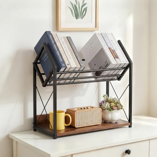 Desktop Bookshelf Organizer, 2 Tier Wood Desk Shelf for Tabletop Storage, Small Desktop Shelf for Office Home Dorm, Table Shelf Book Rack for Books/Supplies/Decor Display (Black)