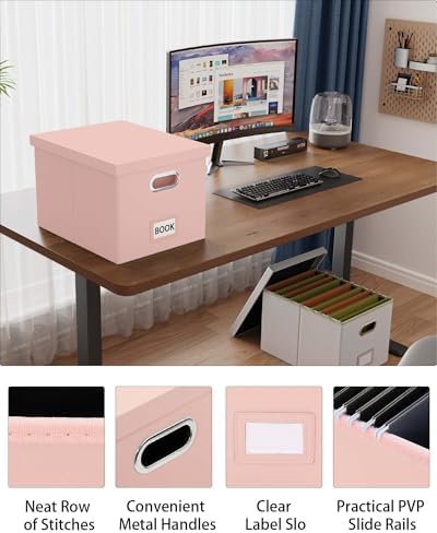 Oterri 2 Pack File Storage Organizer Box,Filing Box,Portable File Box with Lid,Fit for Letter/Legal File Folder Storage, Cream-pink(Leather)-Box only