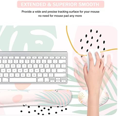 Keyboard Mouse Pad Set, Extended Mouse Pad+Keyboard Wrist Rest Support, Memory Foam Ergonomic Easy Typing, 3Pcs (35.4×15.7 in) Desk Pad Set for Home Office Study Game-Plant