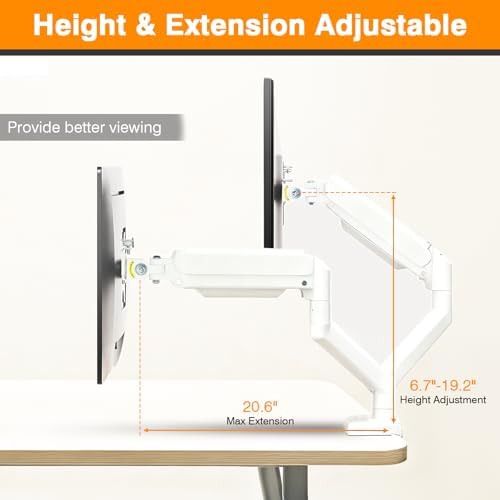 Dual Monitor Arms, Gas Spring Monitor Arms for 2 Monitors up to 34" Curved/Flat, 22lbs per Arm, VESA Mount 75x75 100x100mm, C-Clamp & Grommet Base, Adjustable Tilt/Swivel/Rotation White